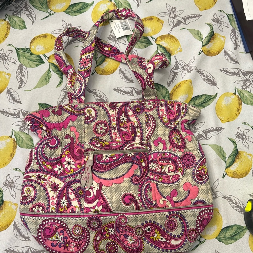 Vera Bradley Paisley Meets Plaid Laura Shoulder Bag Tote Pink Grey Quilted Boho